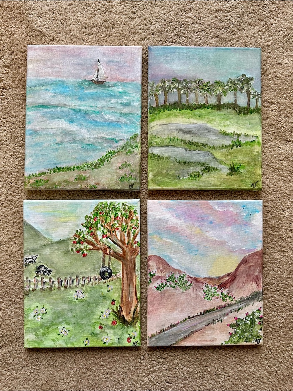 Set of 4 Original Landscape Canvas Paintings - Pastel Greens & Sky Blues